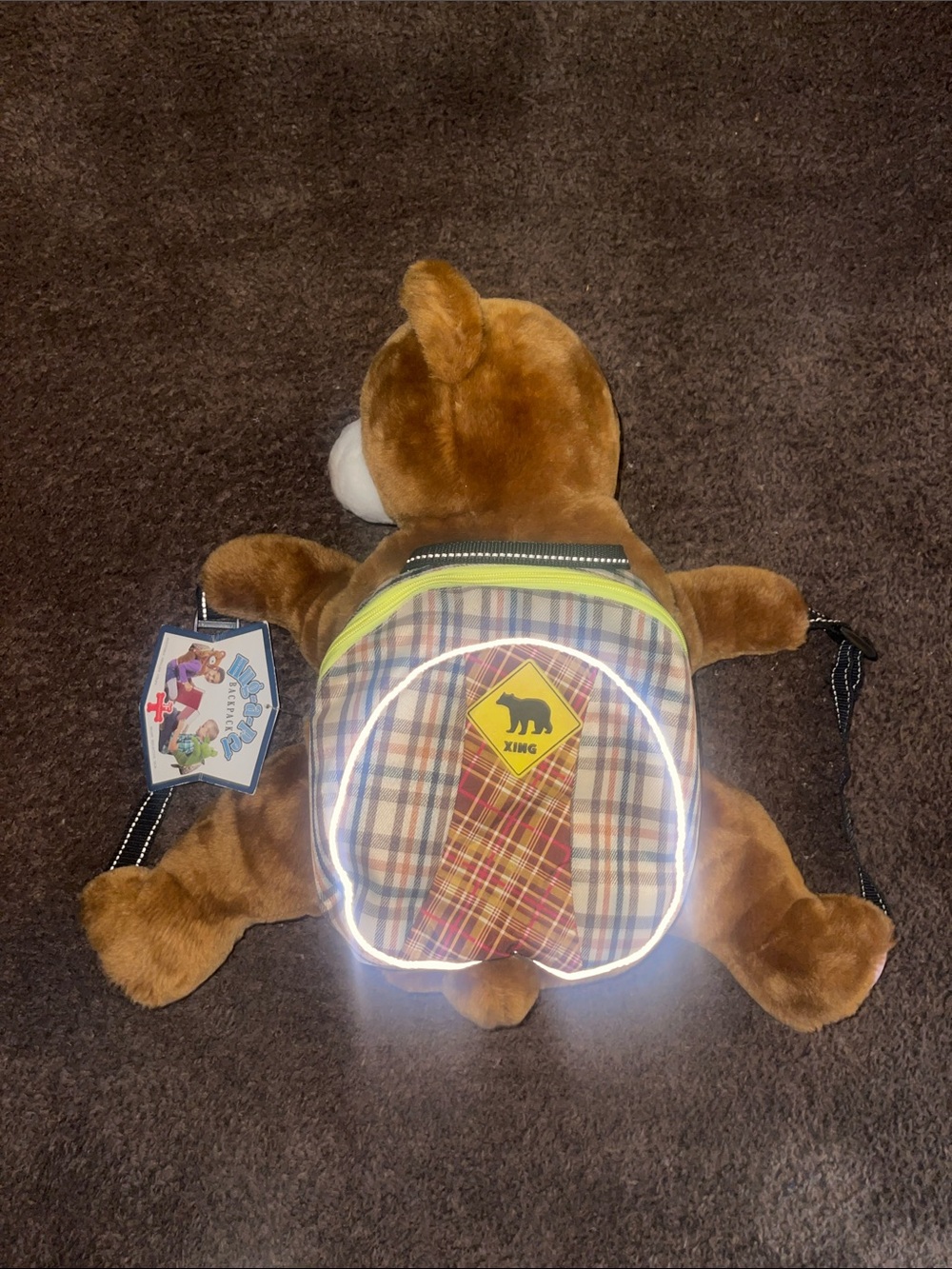 VTG Brown Plush Dog Backpack with Plaid Pouch and Reflective Trim